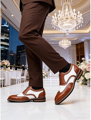  Brune og hvite herresko i kunstskinn – elegant tofarget design for bryllup og formelle anledninger