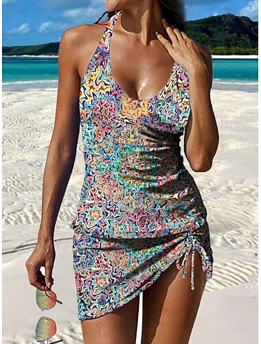  Dames Zwemkleding Tankini Rok Zwempak Halster Elegant Vakantie Bloemig Grafisch V-hals Mouwloos Badpakken