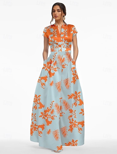  Corte A Hasta el Suelo Vestidos de noche Vestimenta formal Elegante Sedoso Manga Corta Escote en Pico Boda Formal Satén con Estampado flor