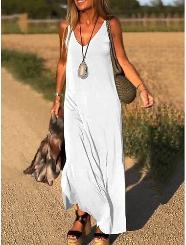  Mujer Vestido maxi Vestido blanco Vestido lencero Elegante Moda Moderno Exterior Vacaciones Noche Holgado Plano Sin Mangas Escote en Pico Azul Piscina Negro Blanco Verde Ejército Verano Primavera