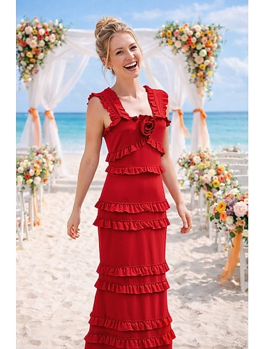  Tubino Colonna Lunghezza al pavimento Abito da invitata a nozze Abiti per invitati a matrimoni Elegante Senza Maniche Collo quadrato Matrimonio con Volant