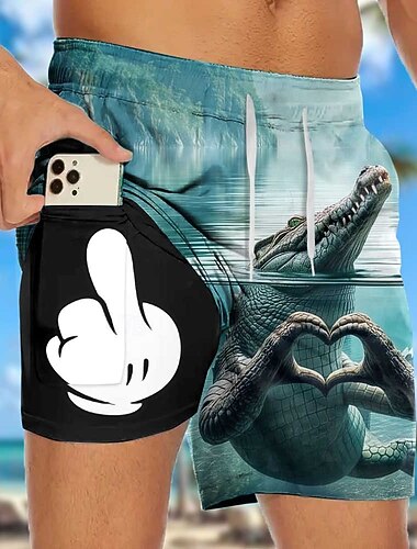  בגדי ריקוד גברים תנין סוּס הַיְאוֹר סלנג מצחיק מכנסיים קצרים מכנסי ים קצרים 2 ב-1 מכנסי שורט בגדי ים מותן בינוני הוואי חגים כיסי צד עם תוחם דחיסה מותן שרוך אלסטי מְעַצֵב ביגוד