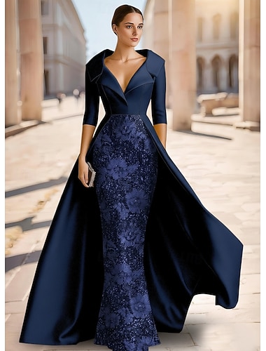  Tubino Colonna Lunghezza al pavimento Perline ricamate Abito Formale Abito da madre della sposa Abito da Sera Abito da ballo con sopragonna Abito formale Elegante Brillanti Setoso Manica 3/4 Bavero