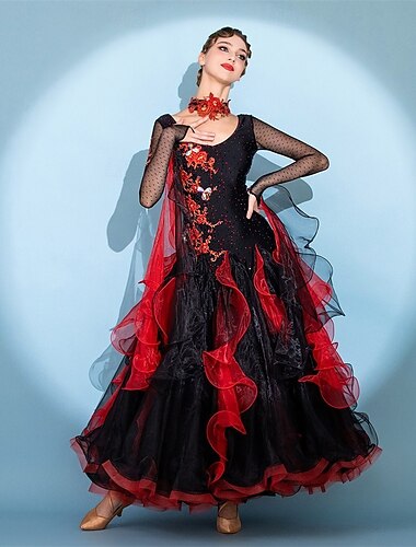  فستان رقص صالة رقص نسائي أسود مطرز باللهب الأحمر مع كشكشة من الأورجانزا والتانغو والفوكستروت والباسو دوبل فستان أداء للمنافسة