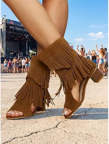  Sandales gladiateur à franges en daim marron pour femme avec talons carrés – Bottes ouvertes style western bohème pour festivals de musique, tenues d'été et tenues décontractées