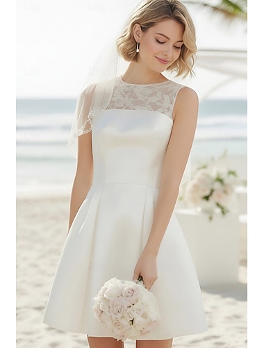  Linha A Sereia Curto Mini Vestido branco Vestidos de noiva Vestidos para Chá de Panela Vestido de Noiva Elegante Vestidos Brancos Justos Sem Manga Gola Redonda Casamento Graduação Cetim Renda com