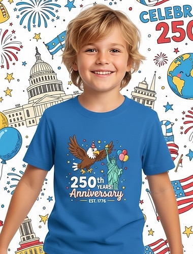  男の子 3D グラフィック 250周年 Tシャツ Ｔシャツ 半袖 3Dプリント 夏 春 スポーツ ファッション ストリートファッション 子供 4〜12年 クルーネック カジュアル 日常 アウトドア レギュラー