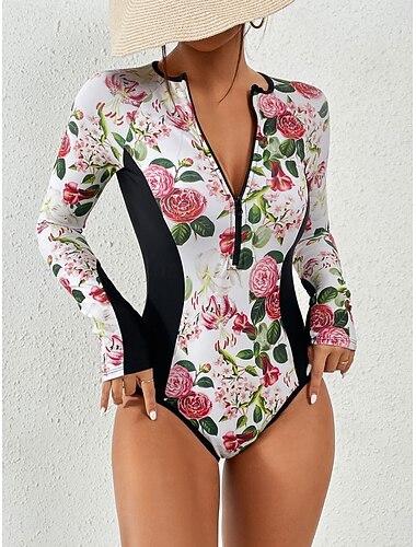  Dame Badetøy Ett stykke Monokini Badedrakt Midjekontroll Høy Midje Tynn Ferie Strand Klær Blomstret Rund hals Langermet Badedrakter