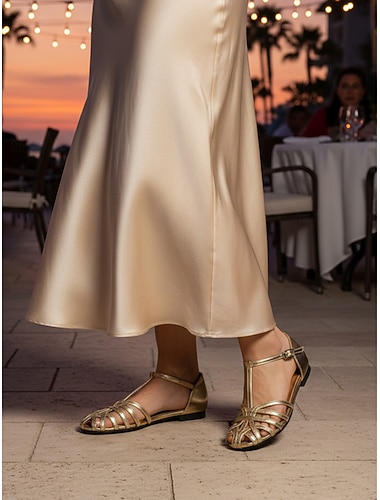  Sandales cage métallisées dorées pour femmes - élégantes chaussures plates à brides pour les soirées de vacances, confortables sandales d'été à bride en T pour les dîners de vacances &vêtements de