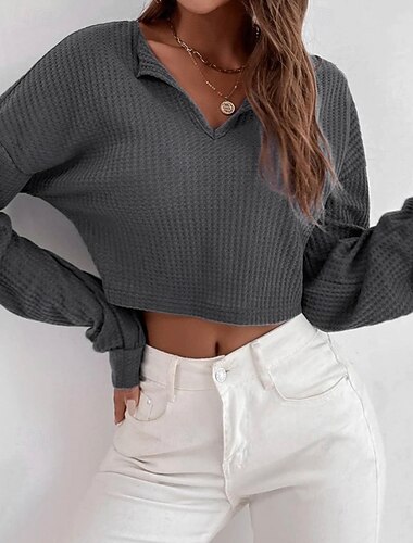  Dames T-shirt Wafelgebreide tops Effen Kleur Modieus heet Sexy Lange mouw V-hals Overhemdkraag Croptops Dagelijks Uitgaan Weekend Zwart Marine Blauw Grijs Lente Herfst