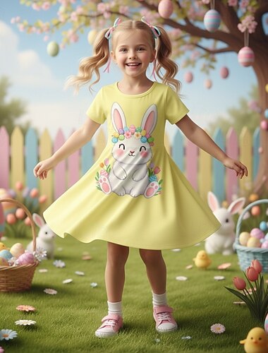  Pasqua ragazze' 3D Grafico Coniglio Abito Manica Corta Stampa 3D Estate Primavera Quotidiano Vacanza Feste Carino Essenziale Casual Bambini 4-12 Anni Vestito Casual Abito a trapezio Lunghezza al