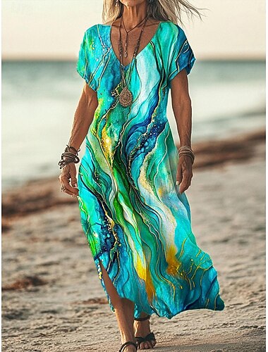  Femmes Robe Midi Robe trapèze Occasionnel Quotidien Coupe Ample Fleuri Manche Courte Col en V Bleu Jaune Vert Été Printemps