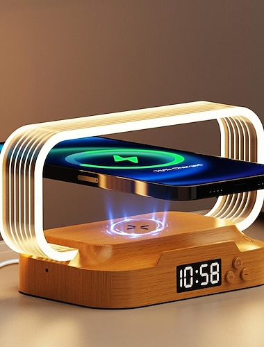  Nattbordslampe med trådløs lader, søt nattbordslampe med klokke, liten bordlampe til soverommet, mini nattlys til soverommet, liten gavelampe, trinnløs dimbar, fargemoduser
