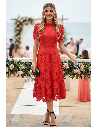  Linea ad A Lunghezza Tè Abito da Cocktail Abito da invitata a nozze Abiti per invitati a matrimoni Elegante Manica Corta Collo Alto Festa in giardino Matrimonio Shiena scoperta con Pizzo