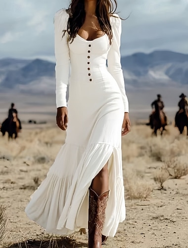  Damen Langes Kleid Maxikleid Weißes Kleid Vintage-Kleid Freizeitkleid Elegant Vintage Mode Täglich Urlaub Abendgesellschaft Normale Passform Einfach Langarm V Ausschnitt Weiß Sommer Frühling Herbst