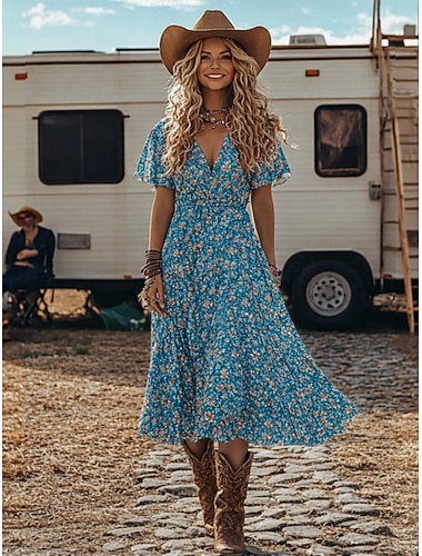  Damen Midi Kleid Boho Strandkleid Vintage Kleid Ethnisches Kleid Chiffon Kleid Elegant Urlaub Vintage Urlaub Reguläre Passform Floral Kurzarm V-Ausschnitt Blau Sommer Frühling