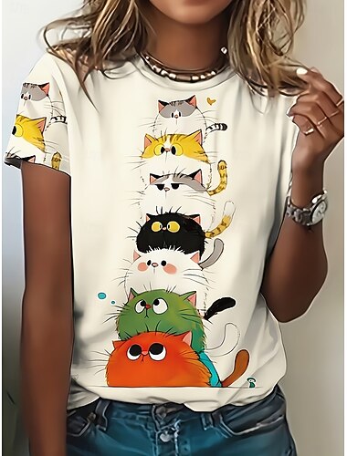  نسائي تي شيرت طباعة الرسم حيوان عتيق أنيق كلاسيكي كم قصير رقبة عالية مدورة V رقبة قمصان عادية مناسب للبس اليومي عطلة نهاية الاسبوع أسود أبيض رمادي غامق مشمشي الصيف الربيع الخريف الشتاء