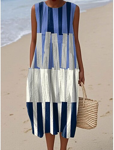  Dames Midi Jurk Linnenachtig Zomerjurk Shift Jurk A-lijn Jurk Vakantie Casual Boho Strand Uitgaan Losse Pasvorm Grafisch Geometrisch Mouwloos Crewneck Blauw Rood Oranje Zomer Lente
