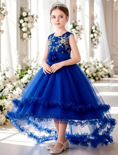  Abito da damigella d'onore bambina Ragazze Abito formale Abiti da sposa Feste Matrimonio Formale Elegante Moda Bello Rete Floreale Senza Maniche Girocollo Grigio Blu marino Dai 4 anni in su