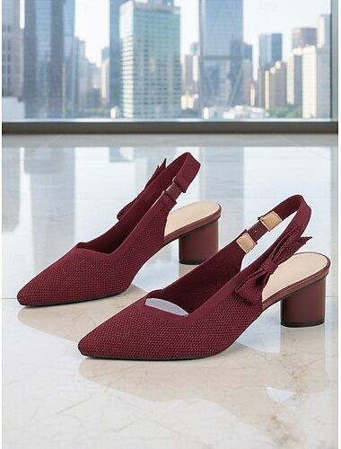  レディース ベージュ ポインテッドトゥ ニット スリングバック パンプス リボン付き - 快適なミッドブロックヒール 通気性 シューズ 毎日の通勤、オフィスワークに最適 &プロの女性