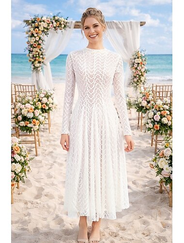  Deux Pièces Ligne A Longueur cheville Robe d'invité de mariage petite robe blanche Élégant Quotidien Petites Robes Blanches manche longue Col ras du cou Mariage avec Dentelle