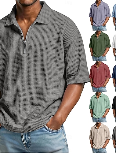  Herren Waffel-Poloshirts Reißverschluss-Polo Lässig Fitness Revers Viertelreißverschluss Kurzarm Mode Muskel Einfarbig Einfach Reißverschluss Sommer Frühling Bequeme Passform Wein Schwarz Marinenblau