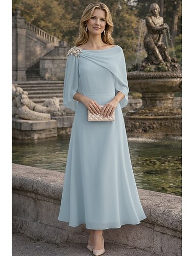  Linea ad A Lunghezza alla caviglia Abito da invitata a nozze Abito Formale Abito da sera Abito da cerimonia per signora Senza Maniche Mezza Manica Scollo a Barca Elegante Vintage Formale Chiffon con