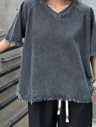  Femmes T-shirt Hauts effet délavé vintage Ourlet effiloché Asymétrique ancien Élégant Occasionnel Manche Courte Col en V Hauts Réguliers Quotidien Sortir Noir Été Printemps
