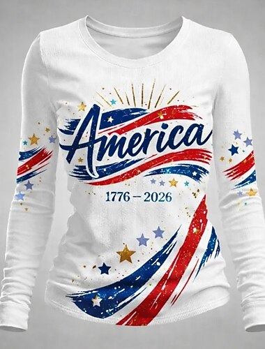  Giorno dell'Indipendenza Anniversario Americano Patriottico Maglietta Donna Grafica Bandiera Elegante Classica Casual Manica Lunga Girocollo Stile Giornaliero Stampa Bianco-Blu Bianco Azzurro Chiaro