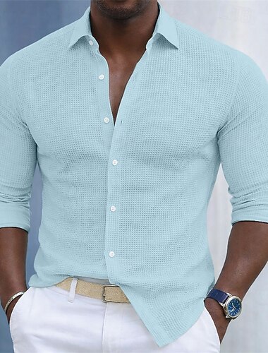  Herren Hemd Waffelhemd Textur Freizeithemd Knopfhemd Schwarz Weiß Kaki Leicht Blau Langarm Einfach Hemdkragen Lässig Täglich Fronttasche Bekleidung Elegant Mode Lässig