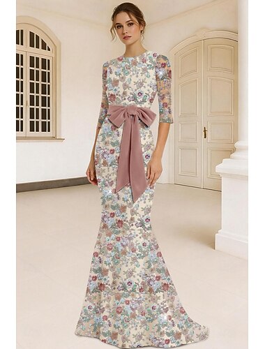  Sirena Tromba Lunghezza al pavimento Perline ricamate Abito Formale Abito da madre della sposa Abiti da Ballo Abito da Sera Abito formale Elegante Scintillante Stile Celebrità Mezza Manica Girocollo