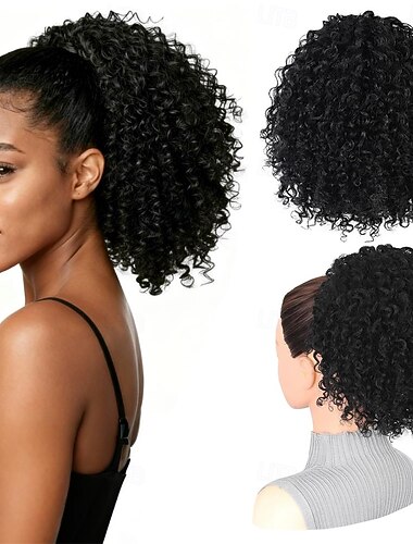  coda di cavallo con coulisse per donne nere, pezzo di capelli ricci afro crespi da 10 pollici con 4 fermagli di sicurezza, consistenza morbida per da