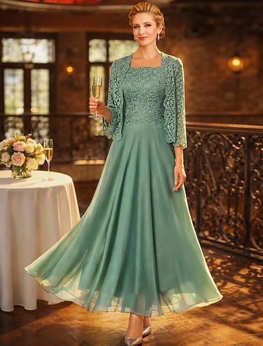  Jurken Sets Vloerlengte Bruiloft Gast Jurk Moeder van de Bruid Jurk Lange Mouw Vierkante Hals Elegante Feest Eenvoudige Bruiloft Gast met Effen Kleur