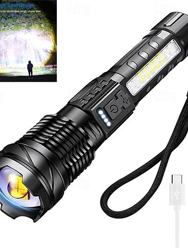  Lanterna LED recarregável de alto lúmen, lanterna tática de 1500mAh com luz lateral COB, à prova d'água IPX6, 7 modos, zoom, ideal para camping, emergências e trilhas.