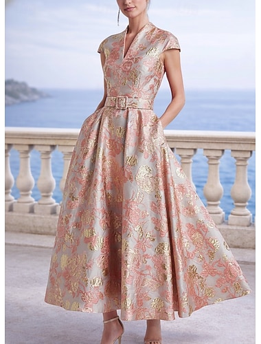  Ligne A Longueur cheville Longueur thé Robes de Cocktail Élégant Floral Manche Courte Col en V Mariage Formel Poche Jacquard avec Imprimé floral Plis
