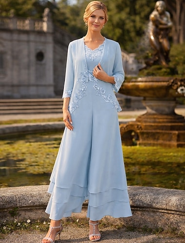  Ensembles de Robes Longueur Sol Robe de Mère de la Mariée Manches Longues Col V Élégante Simple Invité de Mariage avec Broderie