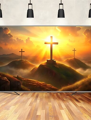  Tapisserie de Pâques représentant une croix au coucher du soleil et des collines sacrées rayonnantes, décoration murale religieuse chrétienne, symbole de foi pour le printemps, idéale pour Pâques et