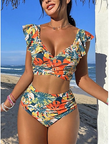  Femmes Maillots de Bain Bikini 2 pièces Taille haute Maillot de bain A Volants Mince Dos nu Vacances Tenues de plage Fleuri Tropical Col en V Sans manches Maillots de bain