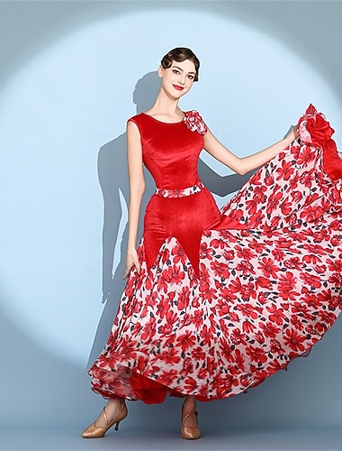  Damekjole i rød fløyel, ermeløs, blomstertrykk, stor swingskjørt, vals, tango, moderne standard konkurransekjole