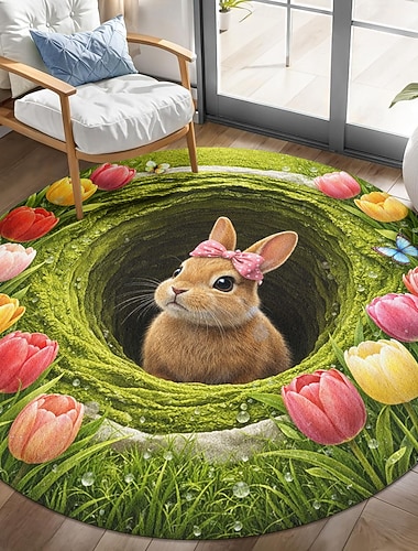  tappeto rotondo illusione ottica 3d stampa piatta 2d simpatico coniglietto in un buco circondato da tulipani giardino primaverile prospettiva tappeto