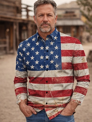  250-årsjubileum i USA Retro / vintage 1970erne قميص Aloha skjorte Lange Ermer Hippie Geometrisk Etnisk Kostyme Herre Maskerade 4. juli Fest Uavhengighetsdagen Voksne Trøye