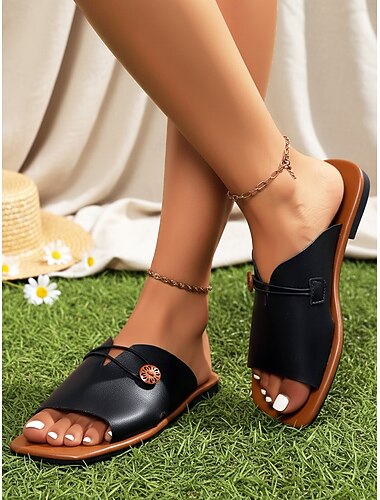  Svarta platta sandaler med knappdetaljer för kvinnor, passar för vardagskläder, sommarutflykter, strand och vardagsaktiviteter
