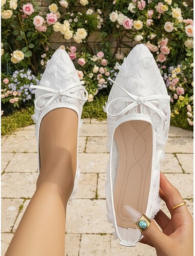  Women's Ivory Lace Flat Bridal Shoes with Bow Detail, Elegant Bride Flats for Outdoor Garden Weddings