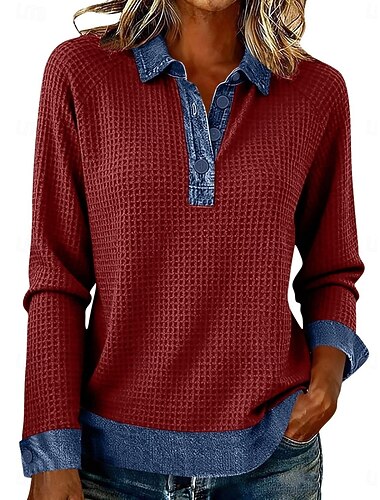  Dames Overhemd Wafel T-shirt Waffle Lounge T-shirt Blouse Lapwerk Knop Kleurenblok Stijlvol Klassiek Modern Lange mouw Overhemdkraag Normale tops Dagelijks Feestdagen Uitgaan Zwart Wijn Rood