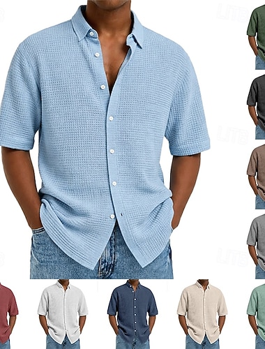  Herren Hemd Waffelhemd Textur Freizeithemd Knopfhemd Schwarz Weiß Wein Marineblau Himmelblau Kurzarm Einfach Revers Täglich Streetwear Bekleidung Mode Modern Lässig Bequem