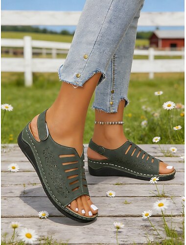 Női zöld kivágott ékszandál – lélegző műbőr felsőrésszel, tartást adó sarokkialakítással sétáláshoz, szabadtéri tevékenységekhez, utazáshoz és mindennapi használatra