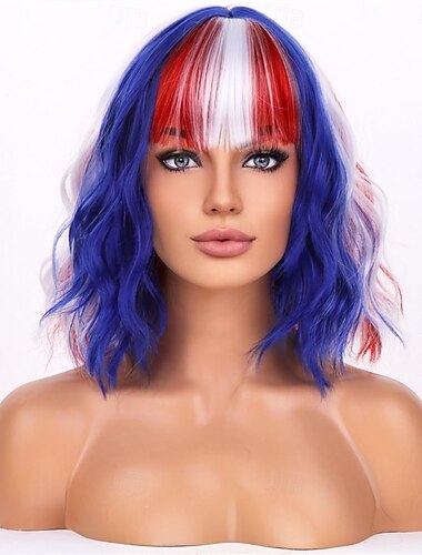  Perruque rouge blanche et bleue pour costume de quatrième juillet perruques de cosplay perruque bouclée courte pour filles avec franges