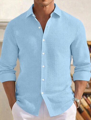  Herren Hemd Waffelhemd Textur Freizeithemd Knopfhemd Schwarz Weiß Aprikose Leicht Blau Langarm Einfach Hemdkragen Lässig Täglich Rein Bekleidung Elegant Mode Lässig