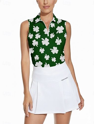  St Patrick Dam Klöver Tennisskjorta Ärmlös Mönster UPF50+ Snabb tork Tennis Golf Badminton Dragkedja T-shirt Överdelar Mörkgrön Elastan Tenniskläder