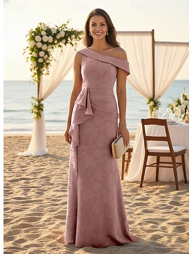  Krój A Sięgająca podłoża Suknia Suknia wieczorowa Sukienka dla matki panny młodej Bez rękawów Na jedno ramię Elegancja Ukryj brzuch Formalny Gość weselny Żakard z Z marszczeniami Falbany Drapowania